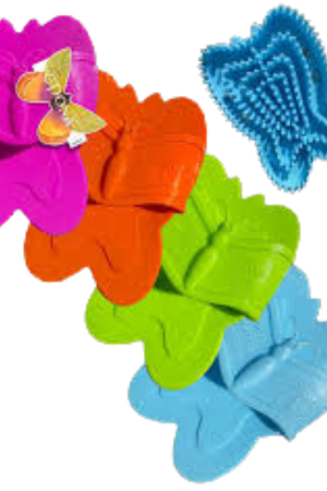 A collection of colorful Epona grooming brushes with a butterfly shape.