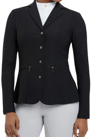 A person wearing a black mesh show coat with long sleeves, buttoned front, and a white riding pants.
