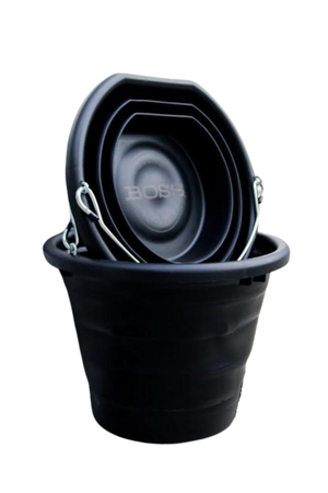 A black BOSS BUCKET with a hard plastic rim and bottom and a thick silicone middle, designed to lay flat.