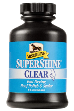 A bottle of ABSORBINE SUPERSHINE Clear hoof polish with a label showing the product name and description.