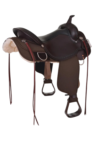 A brown Circle Y Magnolia Cordura Trail saddle with stainless hardware and copper flower conchos.