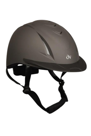A black Ovation Riding Deluxe Schooler Equestrian Riding Helmet with high-flow air vents and a removable visor.