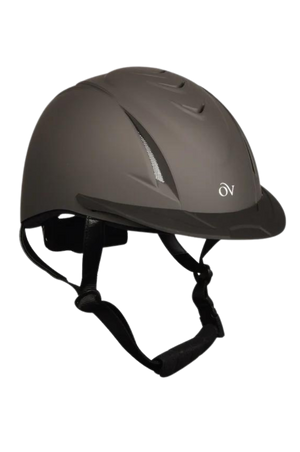 A black Ovation Riding Deluxe Schooler Equestrian Riding Helmet with high-flow air vents and a removable visor.
