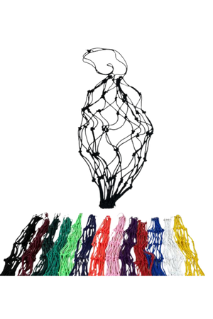 A collection of colorful cotton hay nets displayed horizontally in a gradient of colors ranging from red, blue, green, to yellow.