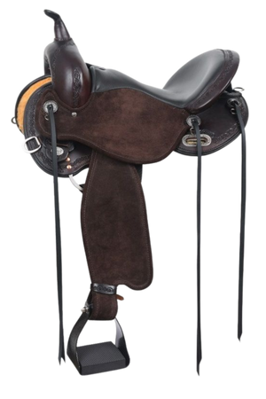 A brown Circle Y Hadley Hybrid Flex 2 trail saddle with a steel tree, designed for horseback riding.