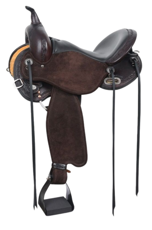 A brown Circle Y Hadley Hybrid Flex 2 trail saddle with a steel tree, designed for horseback riding.