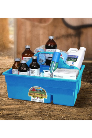 A large plastic tote box with multiple compartments and an easy-grip handle.