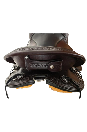 A brown and black Circle Y South Mountain Flex 2 Trail saddle with a short skirt designed for short-backed horses.