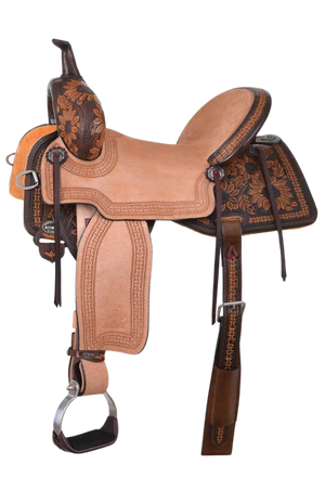 A brown western saddle with sunflower design and custom border tooling, including a matching flank cinch, made by Circle Y.