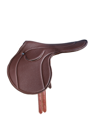 A brown leather exercise saddle with a lightweight aluminum tree, designed for thoroughbred horses.