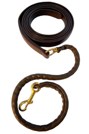 A leather horse lead with solid stainless steel chrome hardware and detailed stitching.