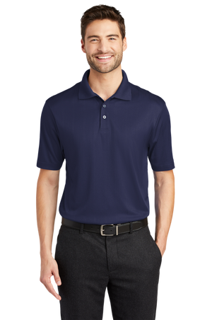 A man wearing a short-sleeved performance polo shirt with a collar, a 3-button placket, and black pants.
