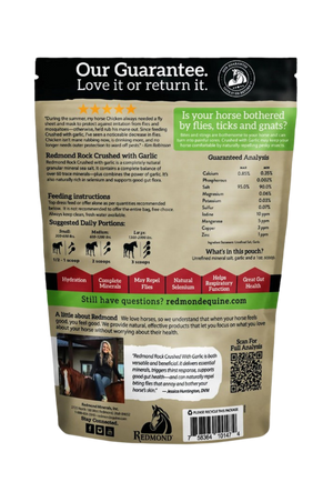 A package of REDMOND ROCK Crushed Mineral Salt with Garlic for horses, indicating it is a fly repellent and contains over 60 minerals.