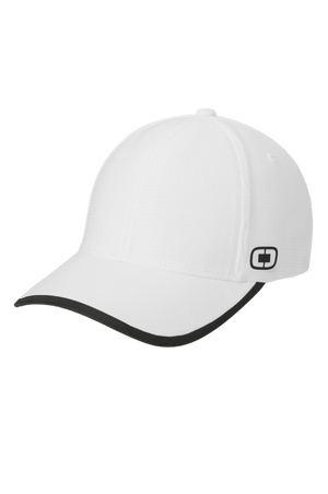 A white structured mesh cap with reflective details and a hook and loop closure.