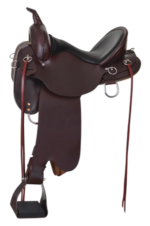 A brown Circle Y Little River Trail Saddle with a double padded seat, felt-lined skirt, stainless steel rings, and easy-care fleece.