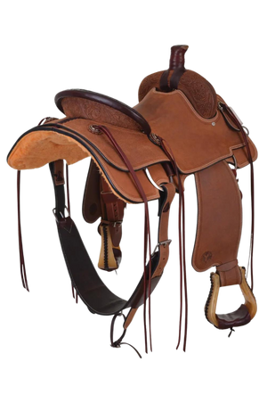 A brown leather saddle with a walnut finish, designed for rough use with a hardseat, fenders, and matching flank cinch. Arizona flowers are visible on the saddle.
