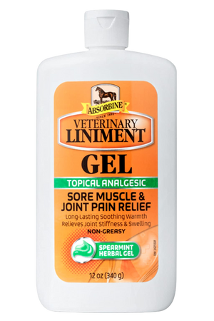 A bottle of ABSORBINE VET LINIMENT GEL, with branding and product information printed on the label.