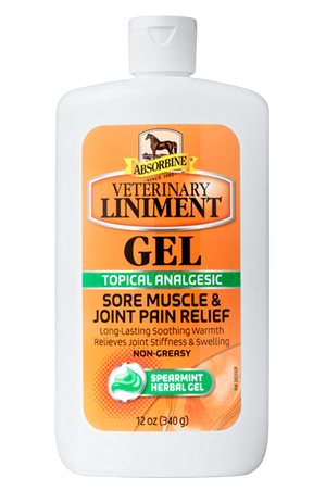 A bottle of ABSORBINE VET LINIMENT GEL, with branding and product information printed on the label.