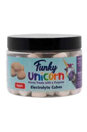 A container of Funky Unicorn electrolyte cubes with apple flavor, designed for horses.