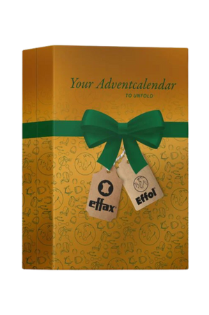 A Effol Advent Calendar box designed for horse care, featuring various horse care products and a festive design with a horse and rider on the front.