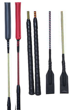 A collection of custom handmade soft crop whips with various handle colors and poppers.