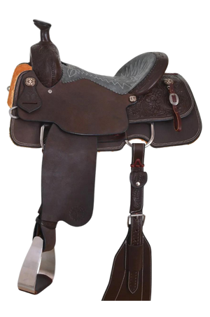 A brown Circle Y Mesquite Roper saddle with a horn on top and rigging straps, ready for use in rodeo or equestrian sports.