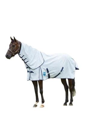 A horse wearing a gray Weatherbeeta Kool Coat Classic III combo neck outdoor blanket.