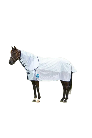 A horse wearing a white weather protection coat with mesh paneling and detachable neck features.
