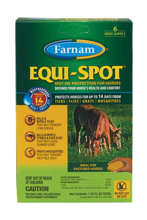 Packaging of Farnam Equi-Spot Fly Control for horses showing the product name, description, and an image of a horse.