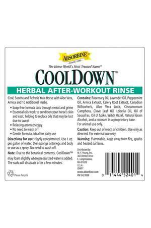 A white bottle of ABSORBINE COOLDOWN HERBAL RINSE with a label featuring green and herbal design elements.