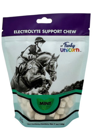 A container of Funky Unicorn electrolyte cubes with apple flavor, designed for horses.