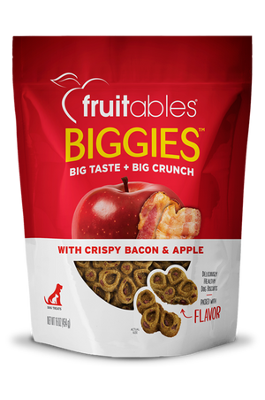 A package of Fruitables Biggies dog treats with a visible flower shape and ingredients like almond butter and coconut.