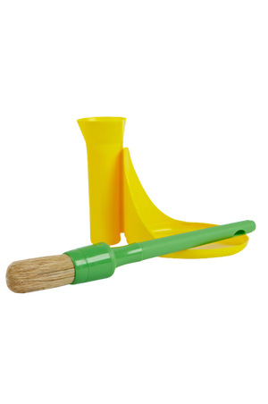 A green brush with a yellow stand, designed to hold and clean a brush, possibly for equestrian use.