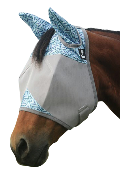 A gray CASHEL Crusader fly mask with ears attached to a horse head.