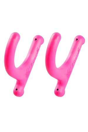 A pair of pink Flex Hooks® designed for hanging items safely, capable of holding up to 5 pounds.