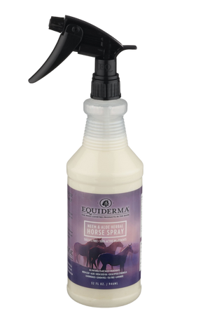 A white spray bottle labeled Equiderma with a purple and black design, featuring an image of a horse.