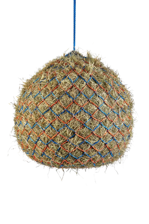 A deluxe hay net with metal rings, hanging, and made of a textile material with a checkered pattern.