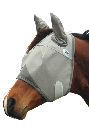 A gray CASHEL Crusader fly mask with ears attached to a horse head.