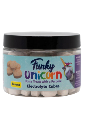 A container of Funky Unicorn electrolyte cubes with apple flavor, designed for horses.