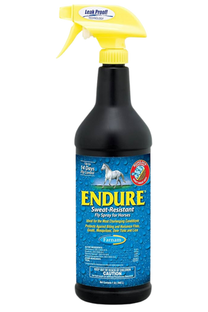 A black spray bottle labeled 'ENDURE' for use on horses, with a blue and green label detailing product information.