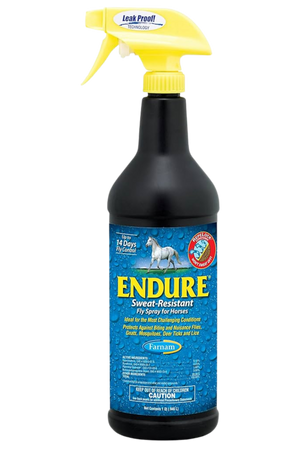 A black spray bottle labeled 'ENDURE' for use on horses, with a blue and green label detailing product information.