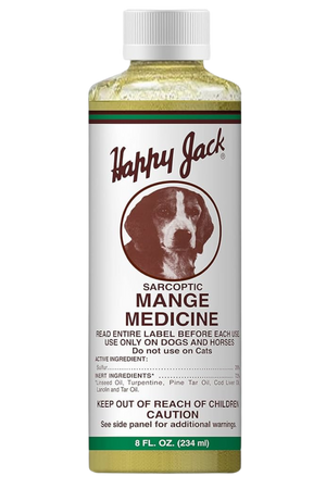 Bottle of Happy Jack Sarcoptic Mange Medicine with a picture of a dog on the label.