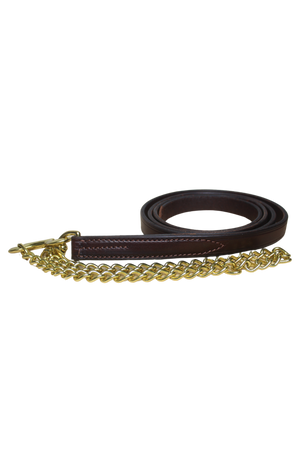 A brown leather lead shank with a gold-colored chain.