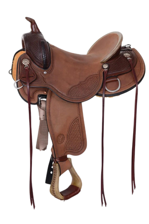 A brown Circle Y Brazos Wood Trail Saddle with a wooden tree and leather straps.
