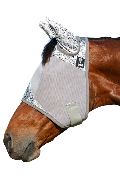 A gray CASHEL Crusader fly mask with ears attached to a horse head.