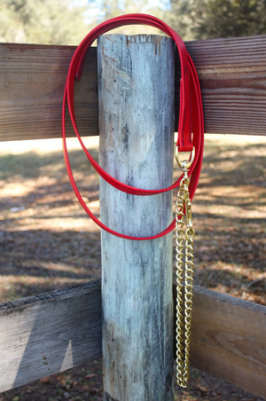 biothane shank with a gold-colored chain and clasp, likely used for horse tack.