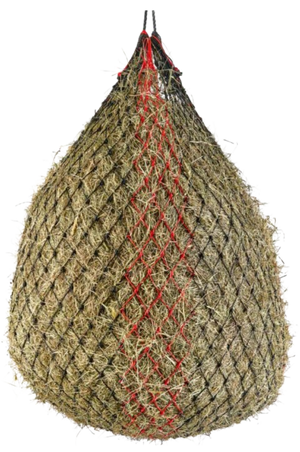 A haylage net with a red trim, designed for feeding horses.