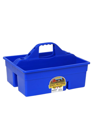A large plastic tote box with multiple compartments and an easy-grip handle.