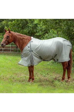 A gray horse fly sheet with fleece lining and adjustable straps.