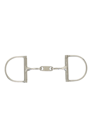 A silver-colored centaur twisted hunter dee horse bit, stainless steel.